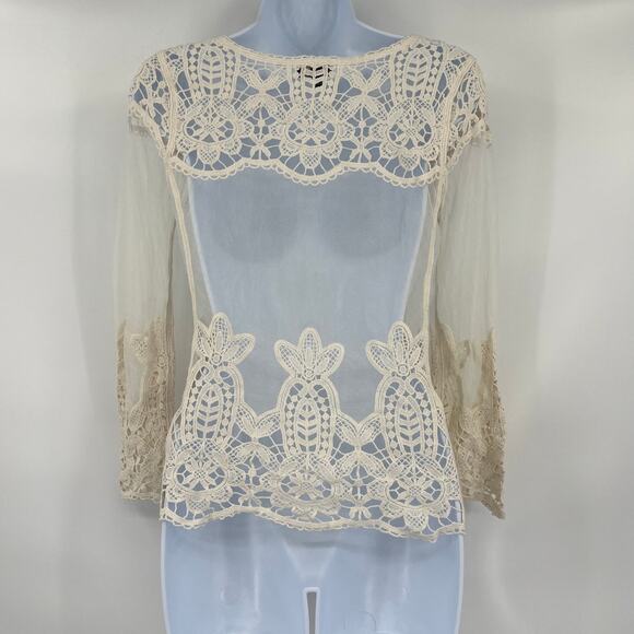 Express Crochet Micro Mesh Womens Top Sz XS Cream Festival Dainty Boho Cottage - Picture 6 of 11